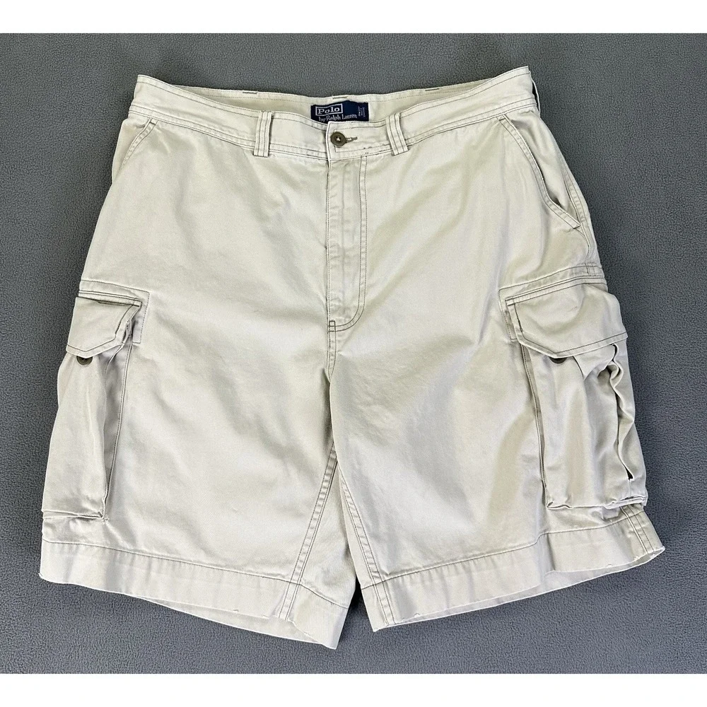 Polo Ralph Lauren‎ Cargo Shorts Mens 36 Light Beige Baggy Distressed Logo Y2K